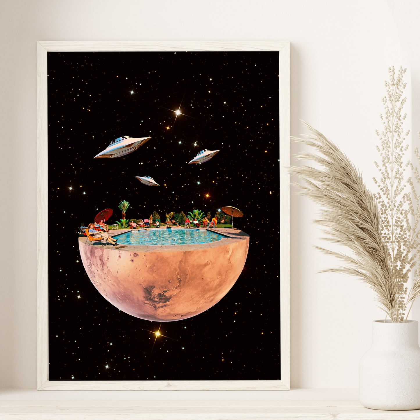 Vacation in Mars, Collage art, Vintage collage, psychedelic art, retro art, surrealism, magic, Planet Mars, wall art