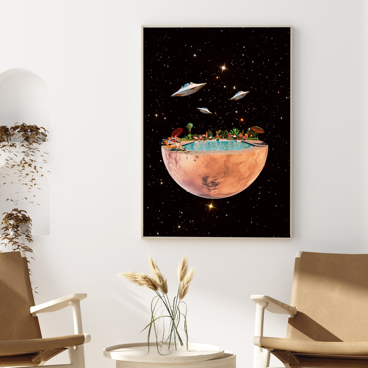 Vacation in Mars, Collage art, Vintage collage, psychedelic art, retro art, surrealism, magic, Planet Mars, wall art