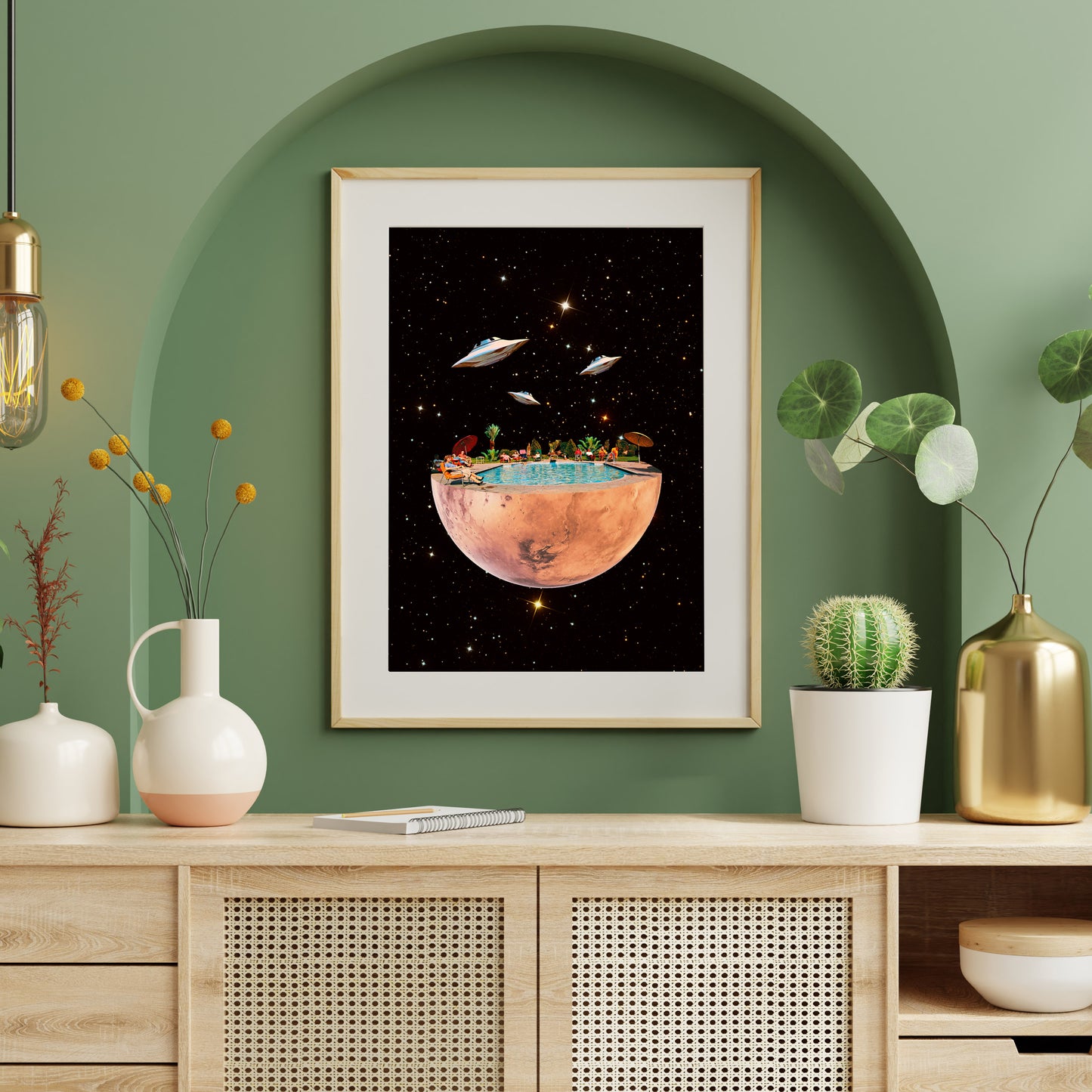 Vacation in Mars, Collage art, Vintage collage, psychedelic art, retro art, surrealism, magic, Planet Mars, wall art