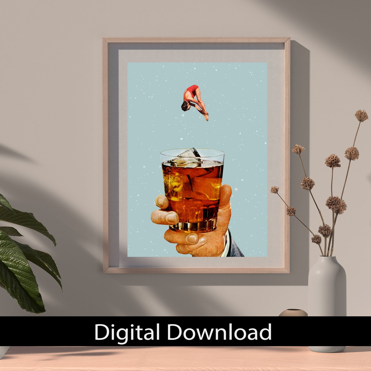 Quarantine Drink, vintage collage art, collage art, surrealism, Retro drink, vintage wall art, Retro girl, poster