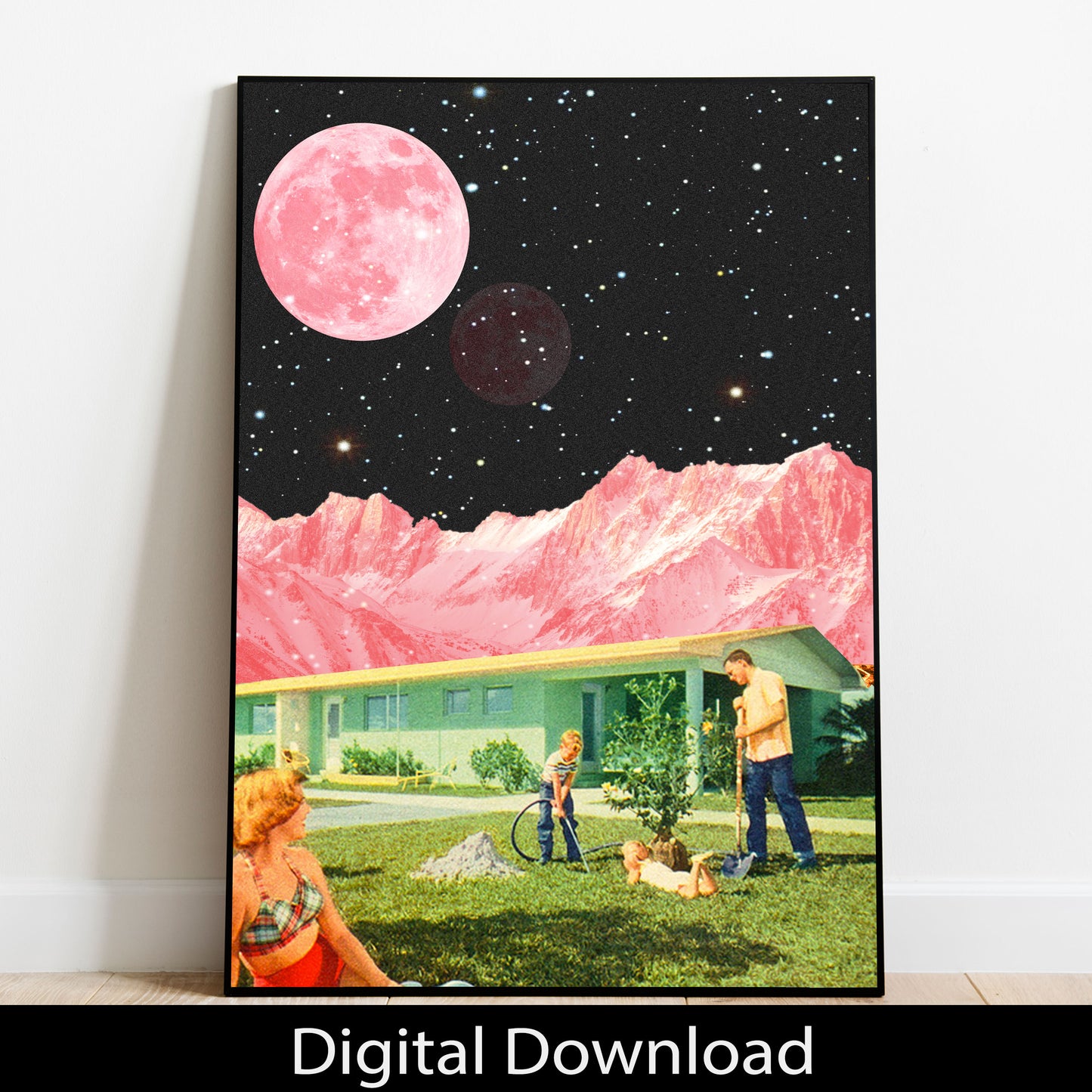 Pink Day Vintage Cosmic Collage Art Retro Art