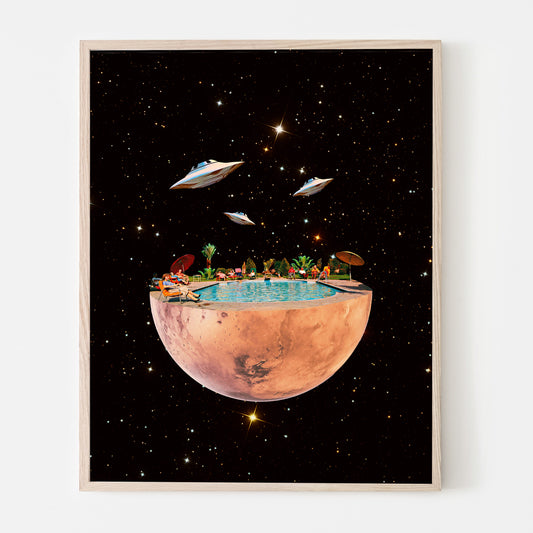 Vacation in Mars, Collage art, Vintage collage, psychedelic art, retro art, surrealism, magic, Planet Mars, wall art